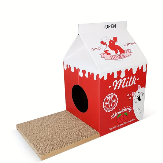 Maison en Carton "Brique de Lait Fraise" avec Griffoir pour Chat