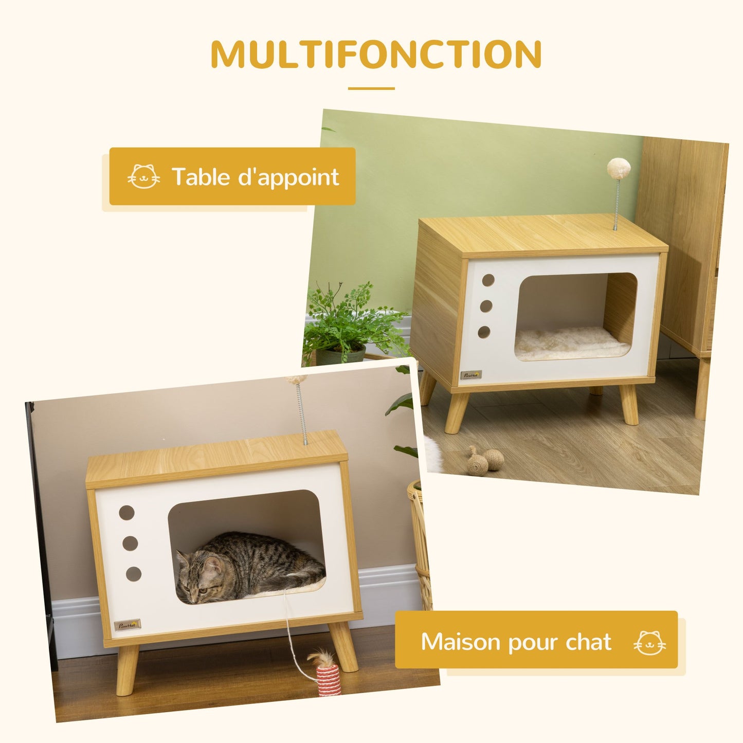 Maison pour Chat Forme TV avec Coussin Douillet et Balle Suspendue