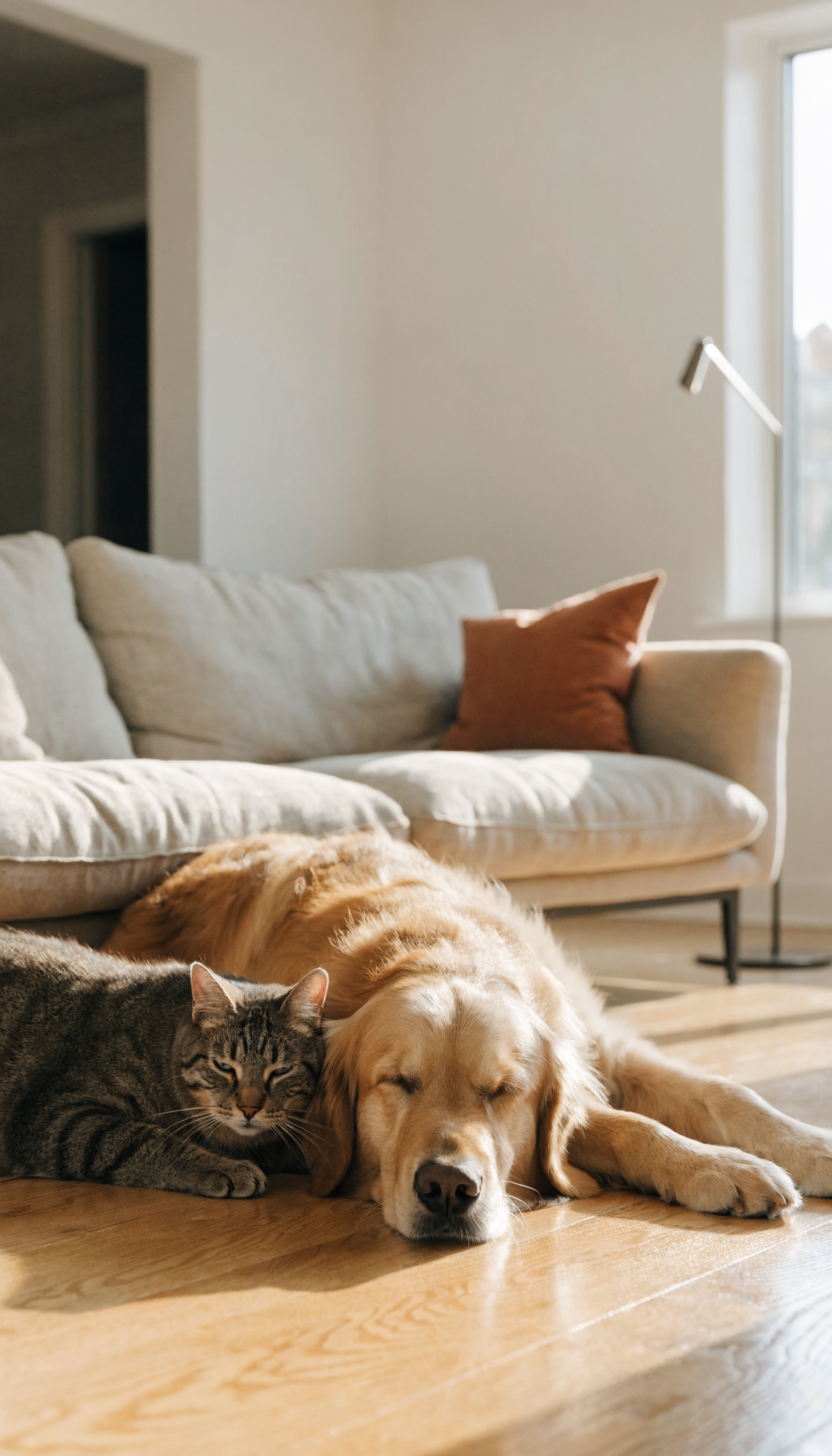 Un golden retriever et un chat tigré endormis ensemble sur un parquet clair, devant un canapé beige