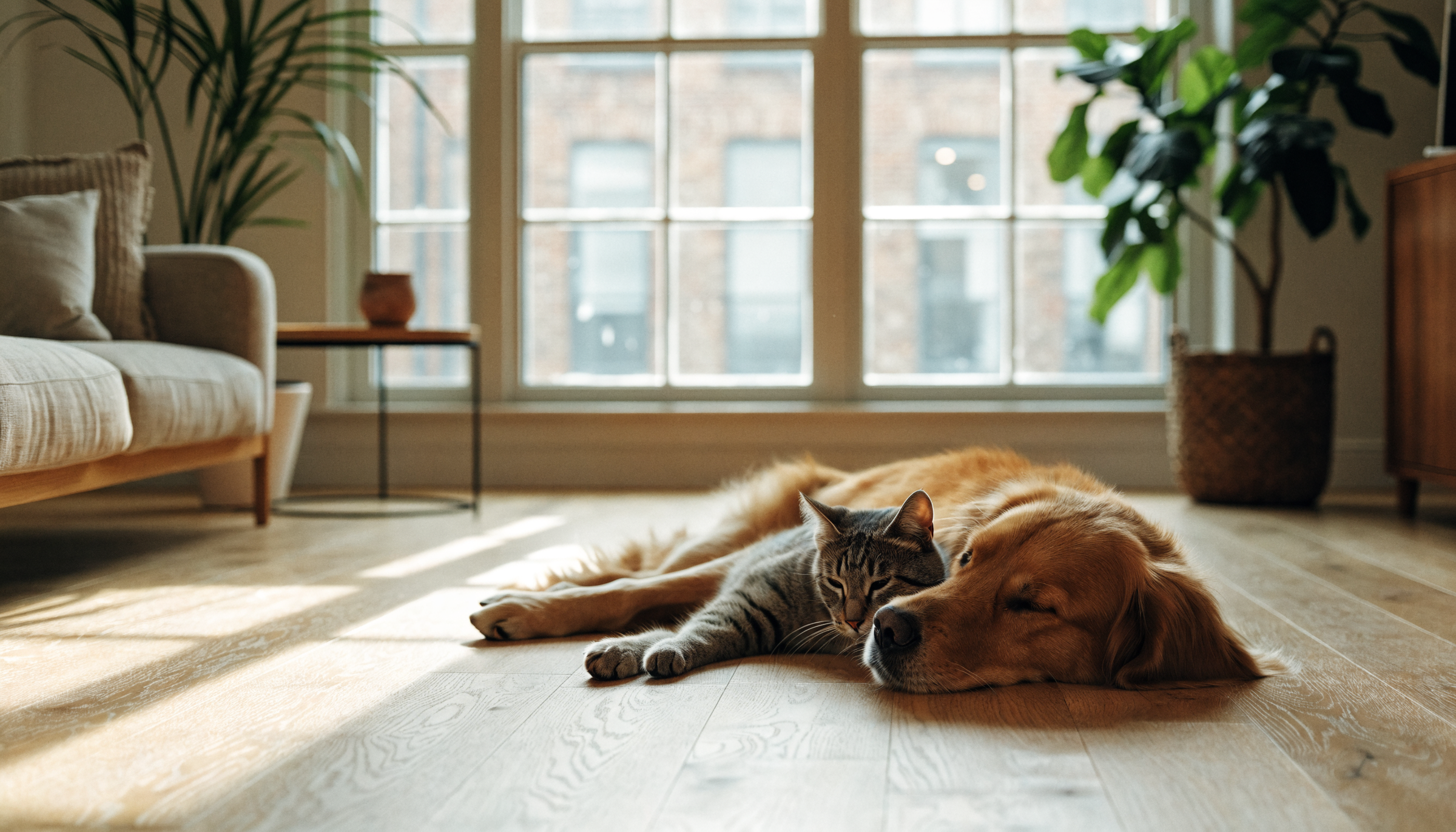 Un golden retriever et un chat tigré allongés côte à côte au soleil dans un salon lumineux