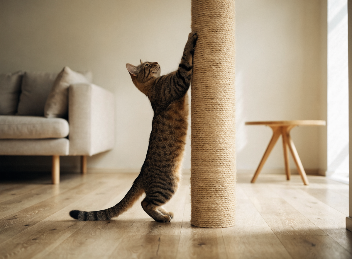 Un chat tigré étiré de tout son long contre un grand griffoir en sisal, dans un salon clair