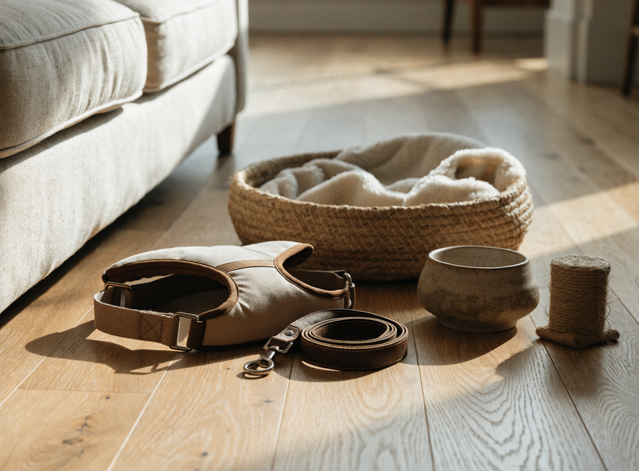 Harnais, laisse en cuir, panier en osier, gamelle en grès et griffoir en sisal posés sur un parquet clair