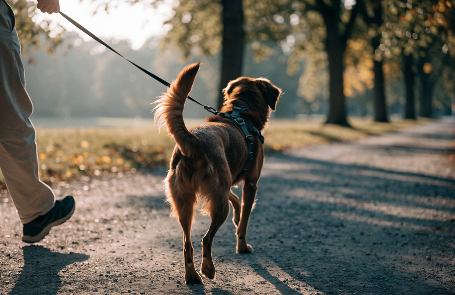 Un chien brun en harnais marchant en laisse sur une allée de parc, à la lumière du matin
