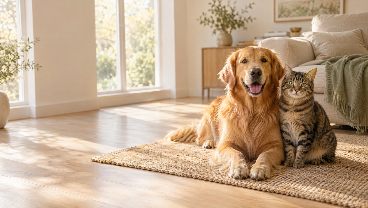 Golden retriever et chat tigré couchés côte à côte sur un tapis, dans un salon lumineux